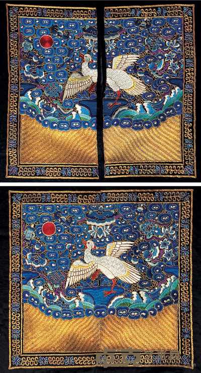 清 金银彩绣白鹇四品补子(一对) 31×30cm;30×15×2cm